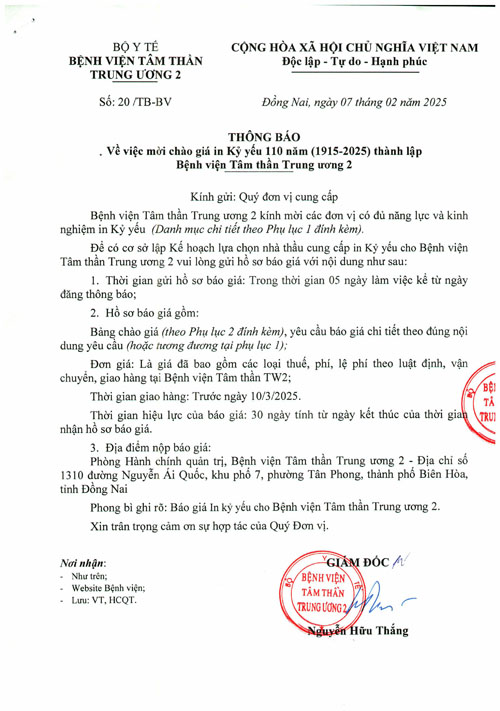 Về việc mời chào giá in Kỷ yếu 110 năm (1915-2025) thành lập Bệnh viện Tâm thần trung ương 2