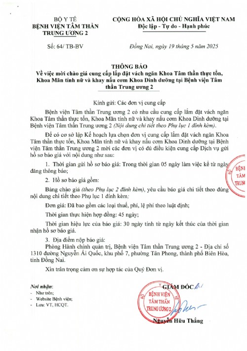 Chào giá cung cấp lắp đặt vách ngăn Khoa Tâm thần thực tổn, Khoa Mãn tính nữ và khay nấu cơm Khoa Dinh dưỡng tại BV Tâm thần TW2